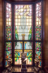 Jubelfeestlaan 86-88, Sint-Jans-Molenbeek, glas-in-loodraam van het trappenhuis (© Sophie Voituron, foto 2015)