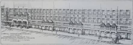 Hôpital Saint-Pierre, avant-projet, façade principale et magasins vers la rue Haute (<i>Savoir et Beauté</i>, 1924, 1, p. 11)