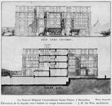 Hôpital Saint-Pierre, élévation de la face vers l'entrée et coupe transversale (<i>L’Émulation</i>, 1928, 12, p. 111)